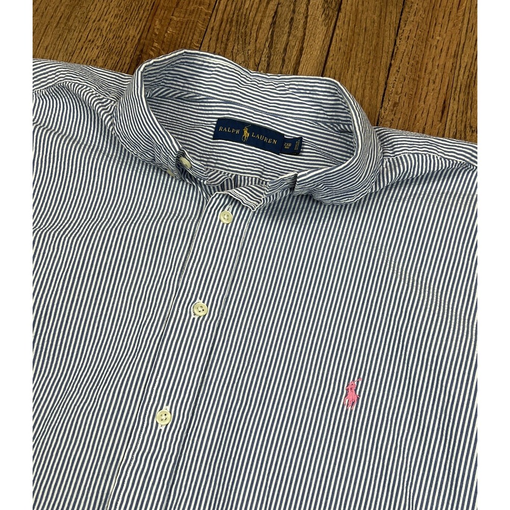 Polo Ralph Lauren Seersucker Blue Striped Short Sleeve Shirt Logo Men's Sz 2XB